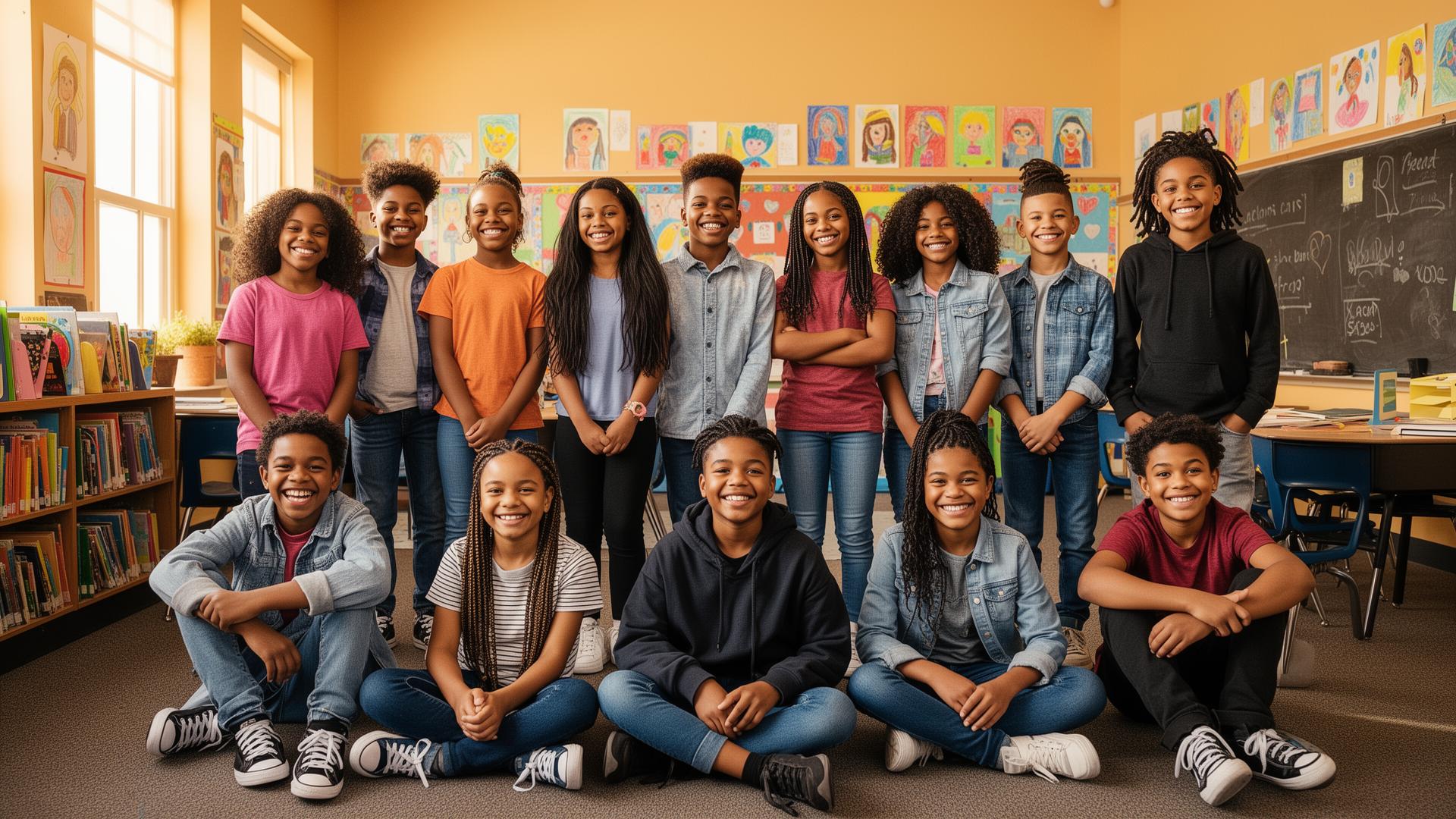 Diverse youth and a mentor gathered in a bright community center